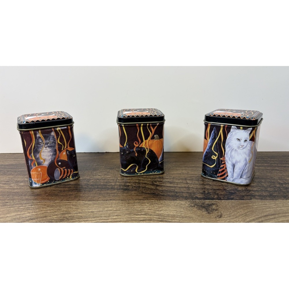 Vintage Lot Of 3 Halloween Cat 3" Tin Candle Holders Party Balloons